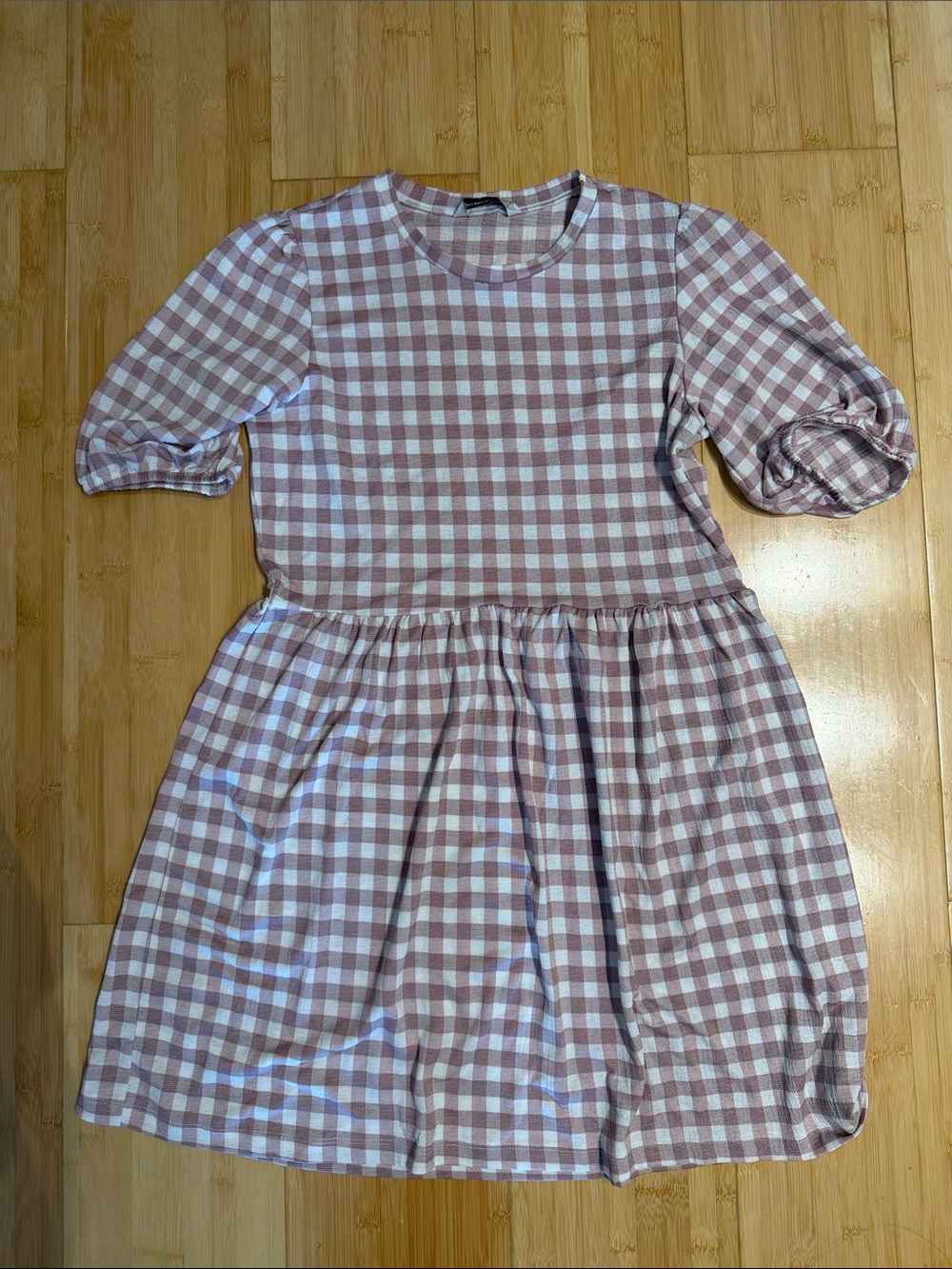 ASOS Stradivarius Smock Pink Check Gingham Puff-Sleeve Dress